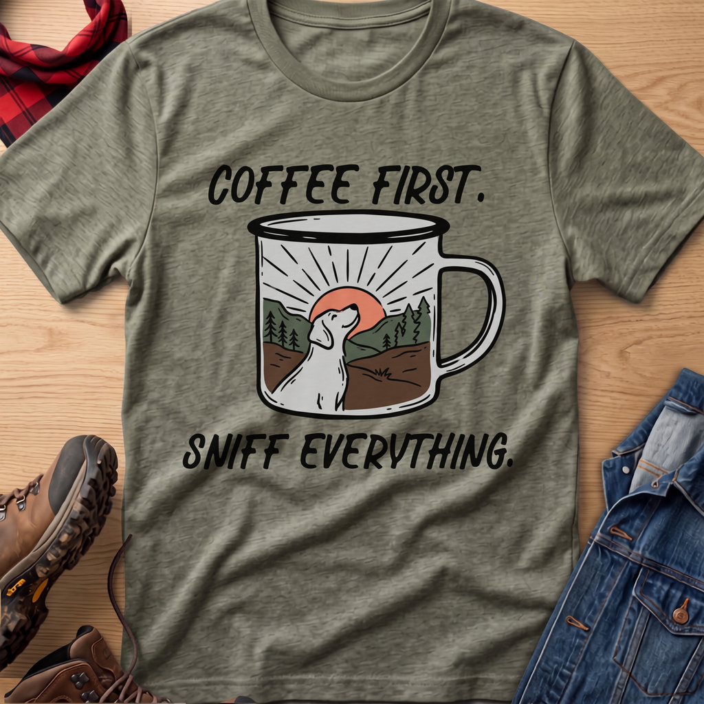 Coffee First, Sniff Everything Camp Mug Unisex Tee