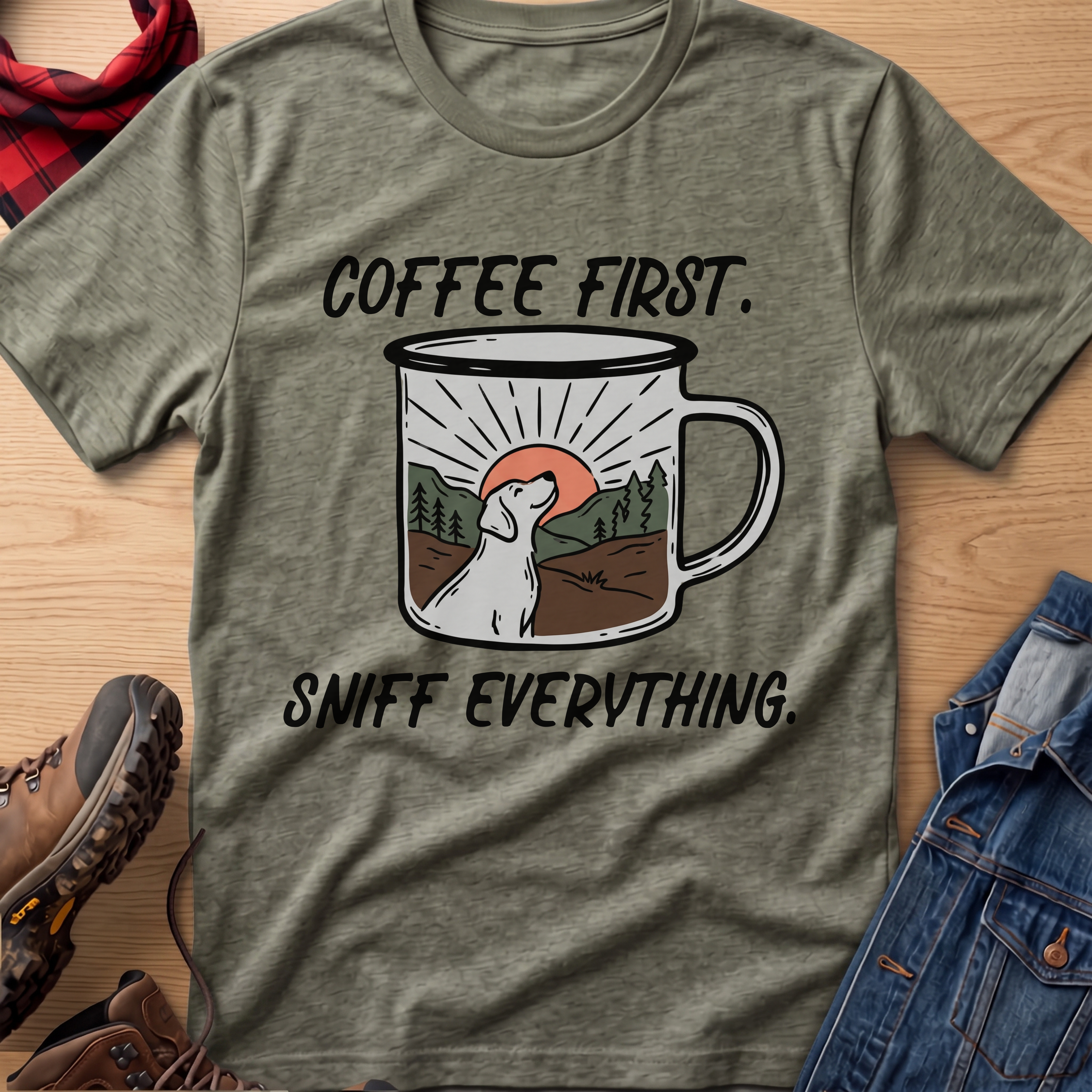 Coffee First, Sniff Everything Camp Mug Unisex Tee