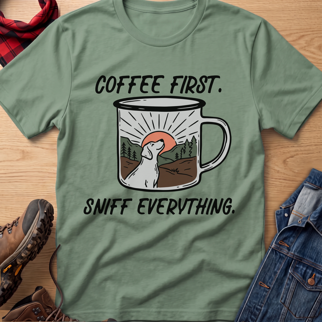 Coffee First, Sniff Everything Camp Mug Unisex Tee