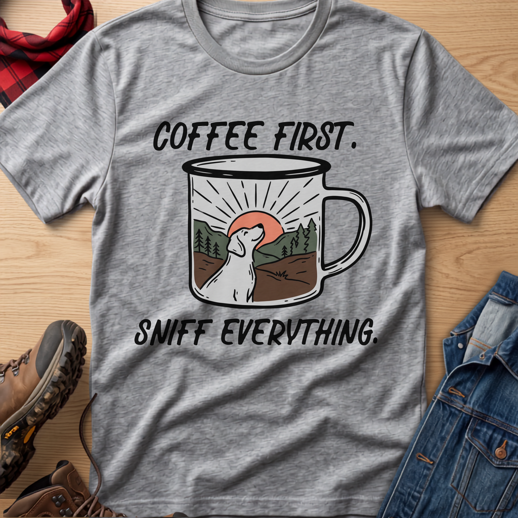 Coffee First, Sniff Everything Camp Mug Unisex Tee